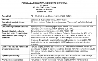 Ponuda za preuzimanje dioničkog društva Solana d.d. Tuzla