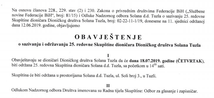 Obavještenje o sazivanju 25. redovne Skupštine dioničara Dioničkog društva Solana Tuzla
