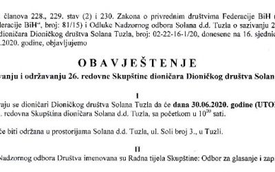Obavještenje o sazivanju i održavanju 26. redovne Skupštine dioničara Dioničkog društva Solana Tuzla