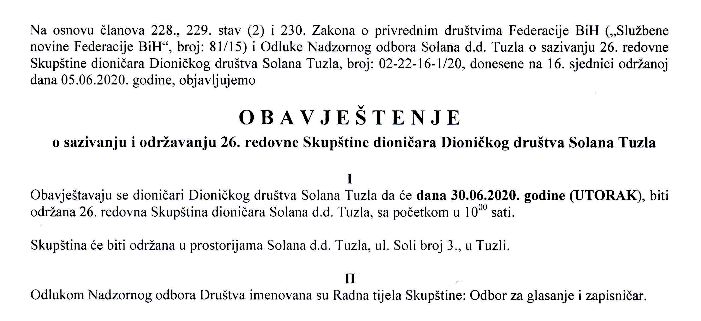 Obavještenje o sazivanju i održavanju 26. redovne Skupštine dioničara Dioničkog društva Solana Tuzla
