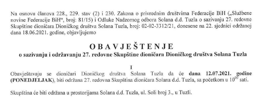 Obavještenje o sazivanju i održavanju 27. redovne Skupštine dioničara Dioničkog društva Solana Tuzla