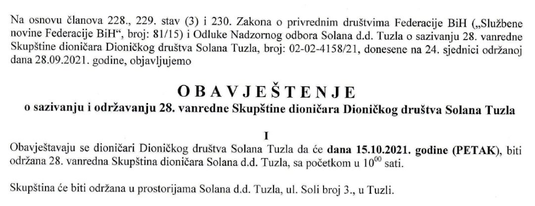 Obavještenje o sazivanju i održavanju 28. vanredne Skupštine dioničara Dioničkog društva Solana Tuzla